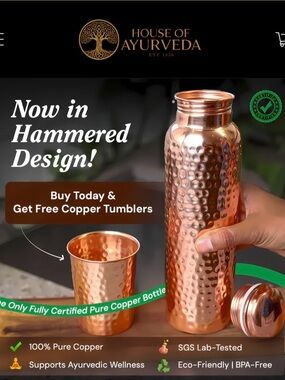 NIB House of Ayurveda Himalayan Ayurvedic pure copper set of 2 bottles / 2 cups